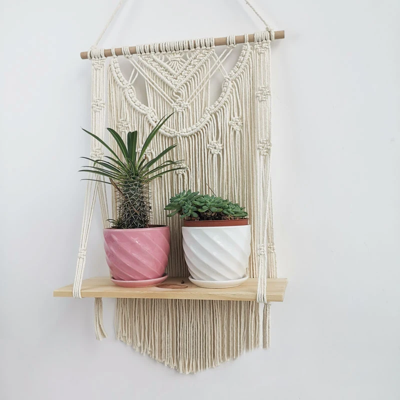 

Nordic Home Decor Bohemian Macrame Tapestry Rack Hand Woven Wall Hanging Storage Wooden Shelf Flower Props Shelves Living Room