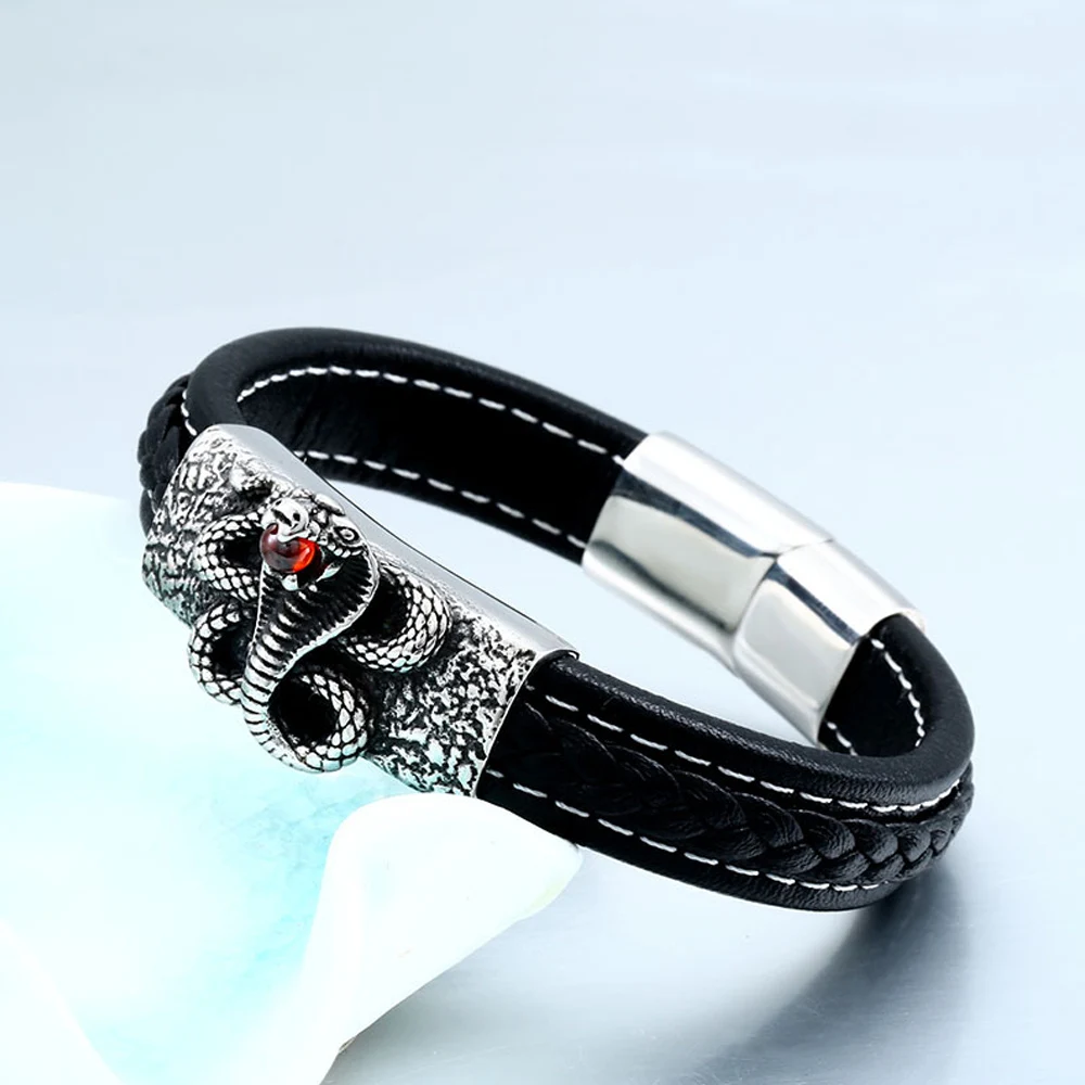 Gothic 316L Stainless Steel Red Stone Cobra Snake Bracelet Men Punk Hip Hop Biker Men Leather Bracelet Fashion Jewelry Gift