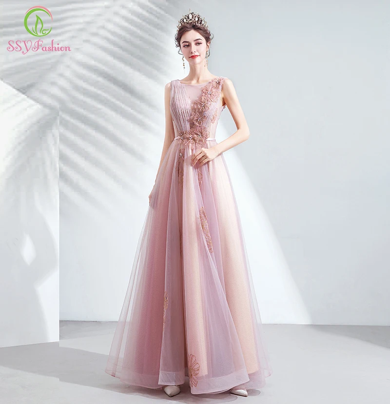 

Женское вечернее платье без рукавов SSYFashion, элегантное розовое платье с круглым вырезом и кружевной аппликацией, бальное платье для выпускного вечера
