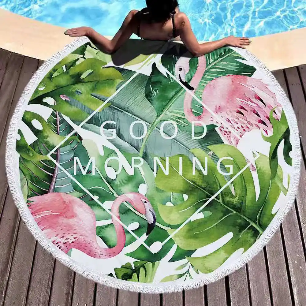 

Flamingo tropical leaves round yoga mat beach mat microfiber beach towel custom printed yoga mat