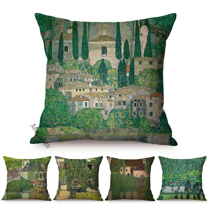 

Famous Painter Gustav Klimt Flower Grass Farmhouse Vintage Rural Scenery Oil Painting Decorative Pillow Case Sofa Cushion Cover