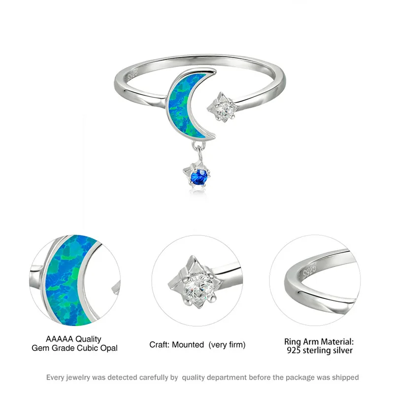 

Cute Female Small Moon Star Ring 100% Real 925 Sterling Silver Blue Fire Opal Ring Promise Wedding Engagement Rings For Women