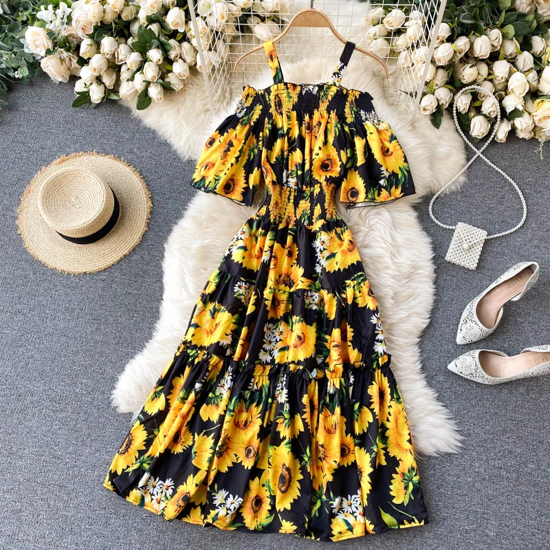 

Spring Holiday Dress Women 2021 New One-line Collar Strapless Flared Sleeve Slim Mid-length Suspender Skirt Vestidos Beach Dress