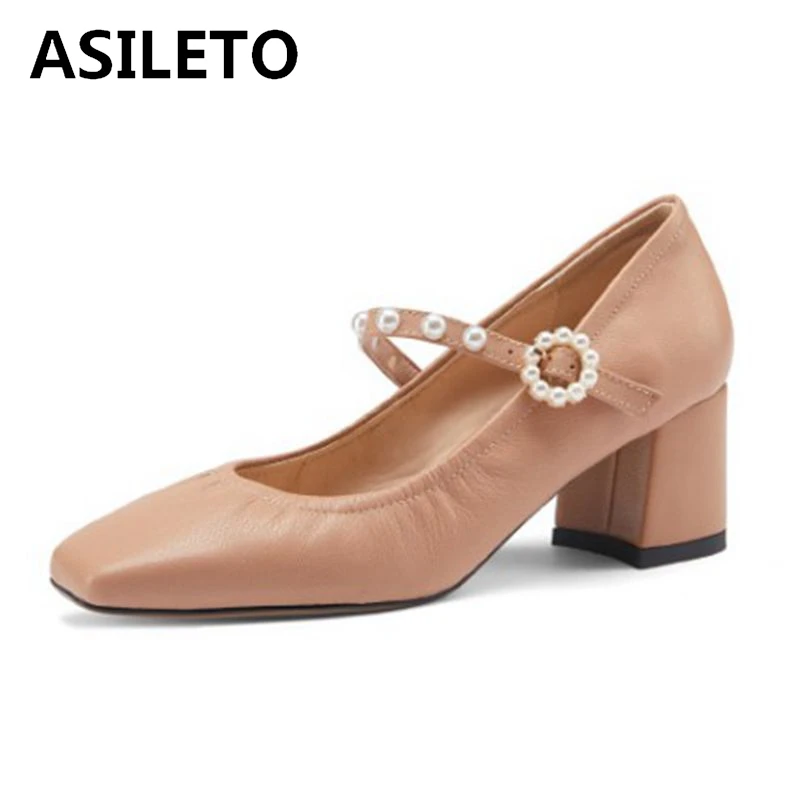 

ASILETO Big Size 43 Full Grain Leather Square Toe High Heels Mary Janes Pearl Decoration Buckle Strap Spring Women Pumps B2653