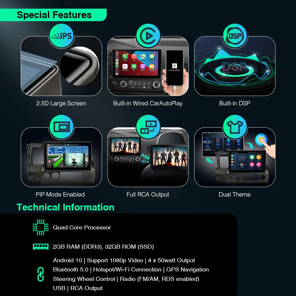 Автомобильный мультимедийный плеер XTRONS IPS Android 10 для Honda civic 1-2007 левый руль