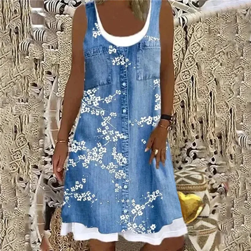 

Платье-трапеция женское с квадратным вырезом, повседневное свободное мини-платье без рукавов, с винтажным принтом, лето 2021