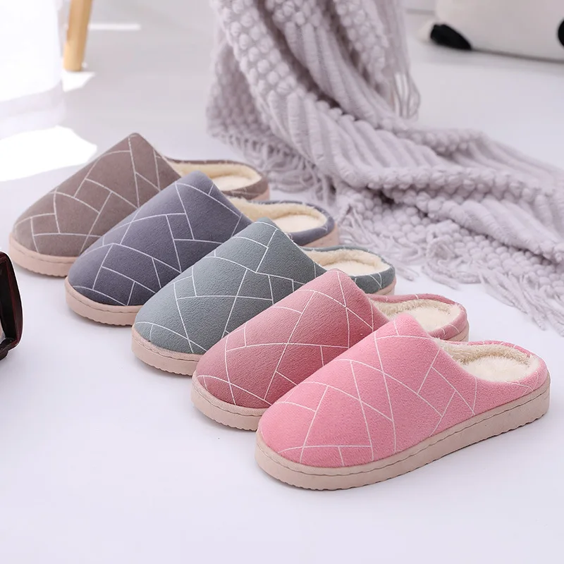 Простая домашняя обувь с геометрическим рисунком для мужчин и женщин; теплые зимние Нескользящие хлопковые тапочки для пар; сезон осень-зима