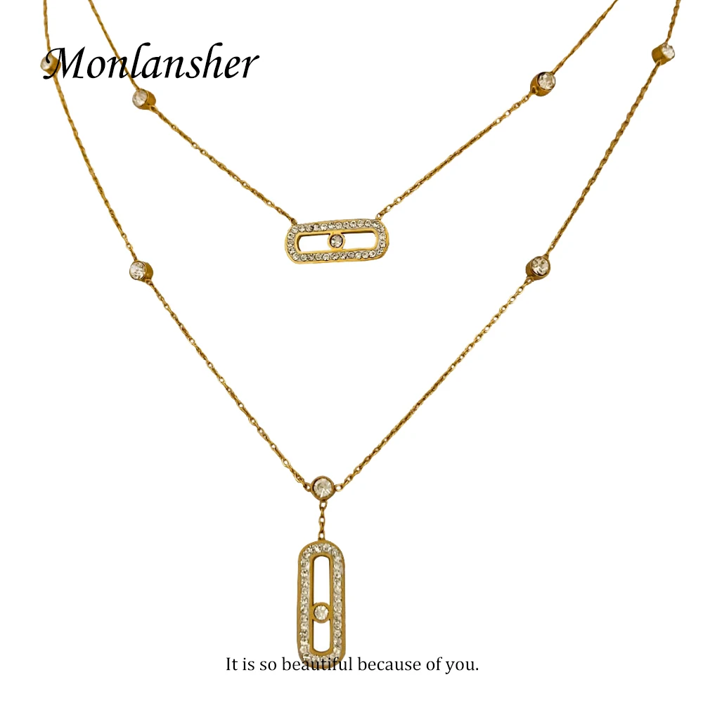 Monlansher 2-Layer Thin Chain Paved Zircon Pin Pendant Necklace for Women Gold Color Stainless Steel with Zircon Chain Necklaces