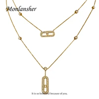 monlansher 2 layer thin chain paved zircon pin pendant necklace for women gold color stainless steel with zircon chain necklaces