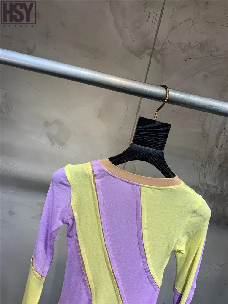 【HSY】2019 Autumn Winter New Women Elegance Top Irregularly Tailored Color Matching Long Sleeve O-neck T-shirt |
