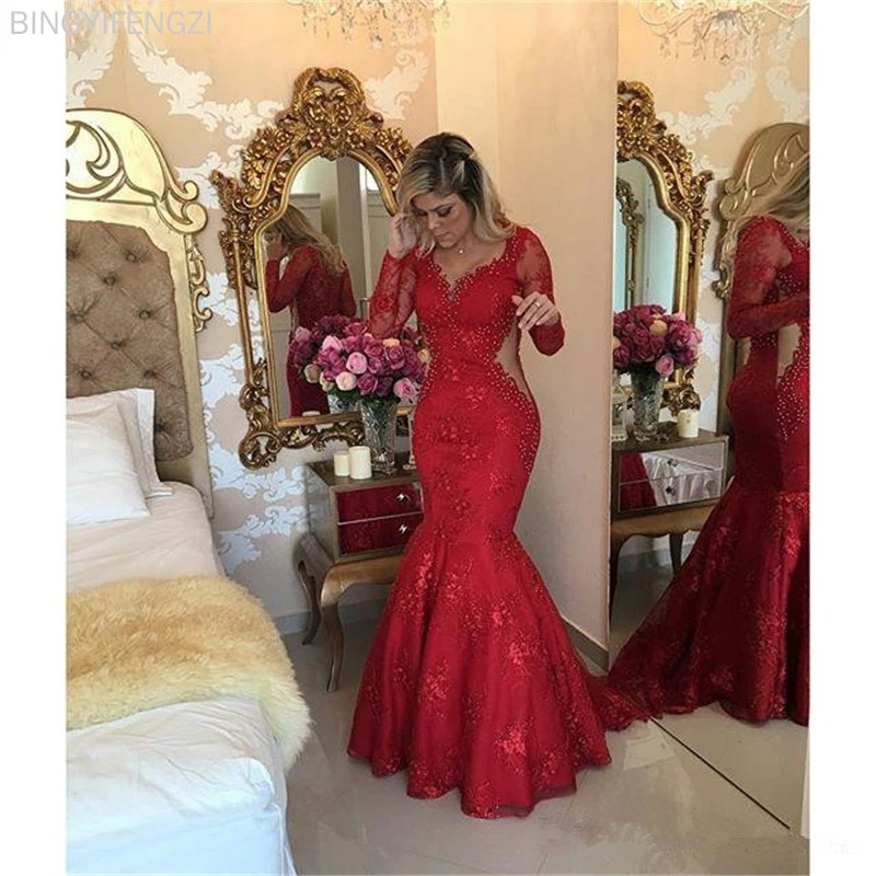 

Red 2021 Prom Dresses Gown Evening Dresses Robe De Soiree Sexy Party Maxys Long Prom Mermaid V-neck Long Sleeves Pearls Lace New