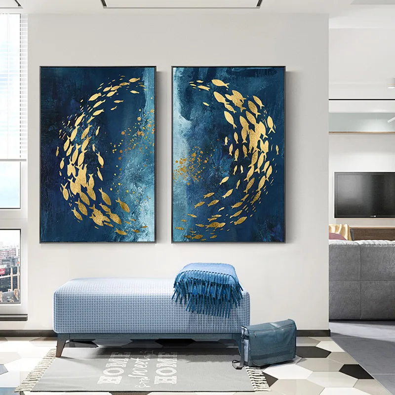 Modern Abstract Nordic Style Wall Art Canvas Painting Golden Fish Blue Sea Decor Pictures For Posters Aesthetic Room | Дом и сад