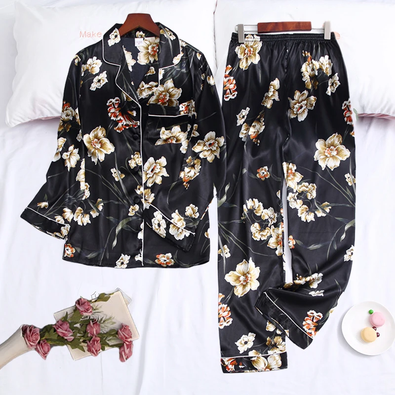 Ice Silk Pajamas Women Sleepwear Suits Spring Summer Long Sleeve Trousers Suit Printing Fashion Pyjamas Set Femme Home Clothing