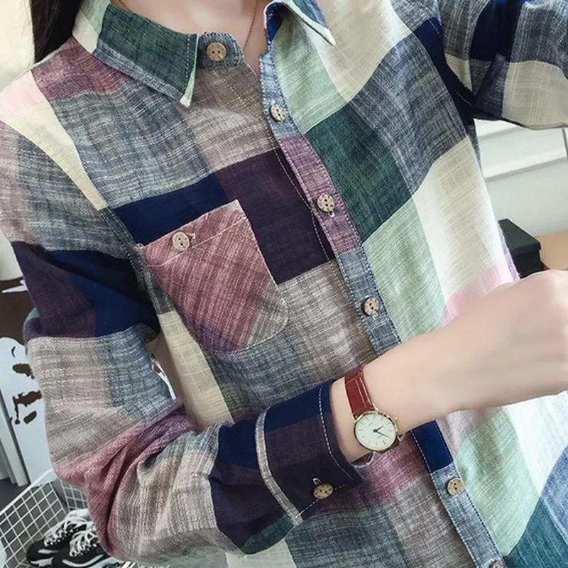 

Pop Fashion Women Plaid Blouse Shirt Casual Cotton Linen Long Sleeve Shirts Slim Fit Tops Pop 88