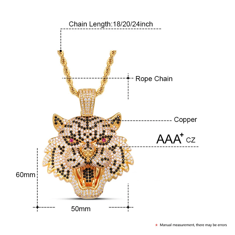 

HIP HOP Bling Leopard Head Pendants AAA+ Zircon Classic Animals Necklace Long Link Chain Necklaces For Men Women Jewelry