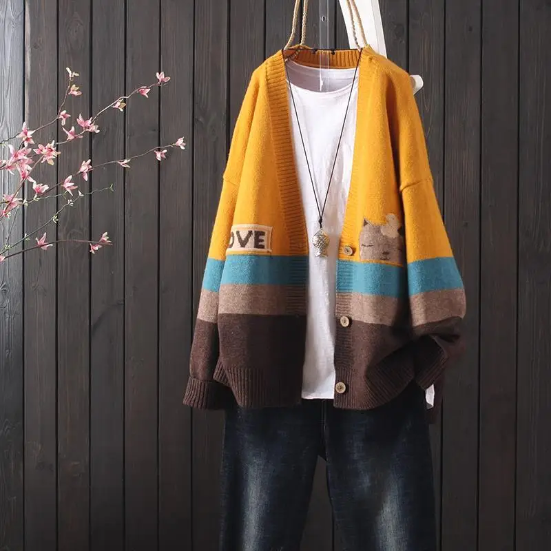 

Autumn and winter loose striped embroidery long-sleeved knitted cardigan jacket women's art retro casual sweater