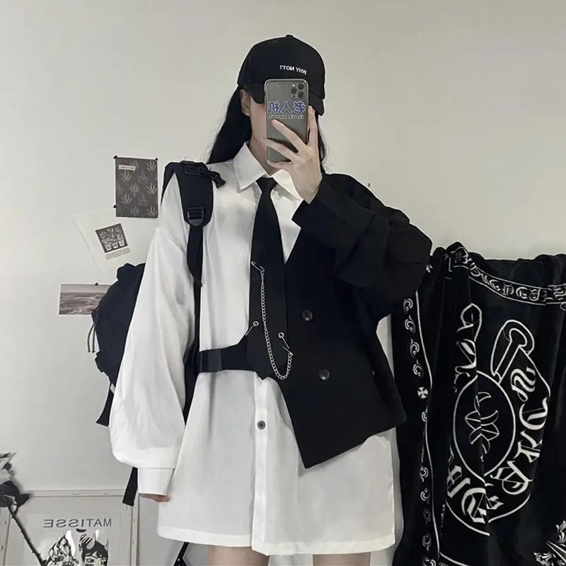 

Women 2022 Spring Autumn New Korean Fake Two-piece Style Loose Long-sleeved Shirt Single-breasted Blouse Blusa Send Tie Y714