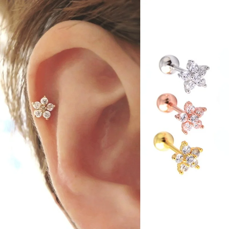 

1PC of Mini Stainless Steel Flower Cartilage Stud Earrings Ladies Fashion Zircon Flower Helix Piercing Ear Bone Earrings