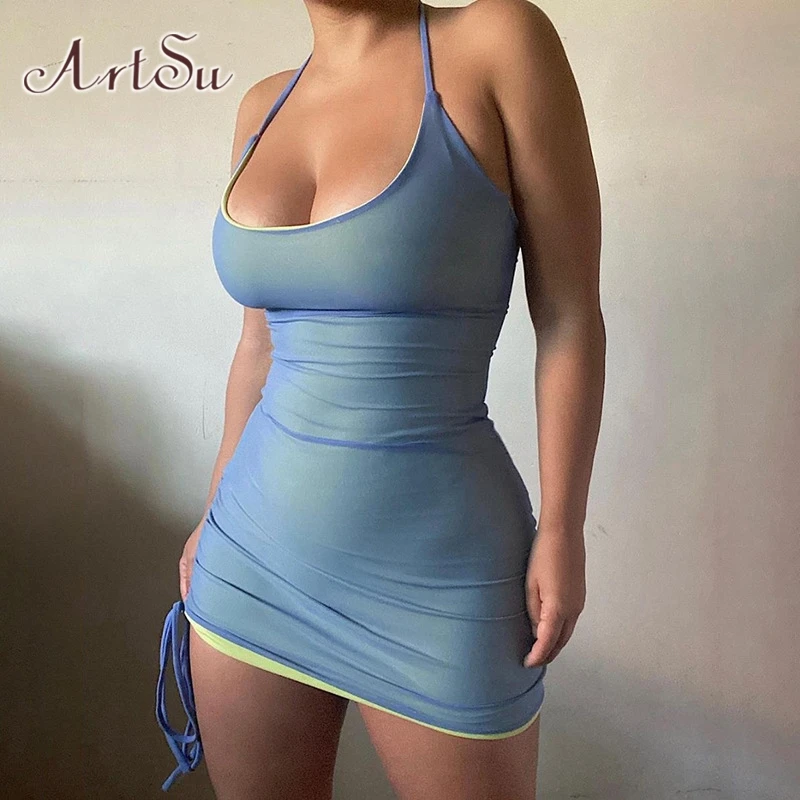 

ArtSu Drawstring Women Party Dress Strap Sleeveless Halter Bodycon Club Fashion Skinny 2021 Summer Sexy Mini Dresses DR52361