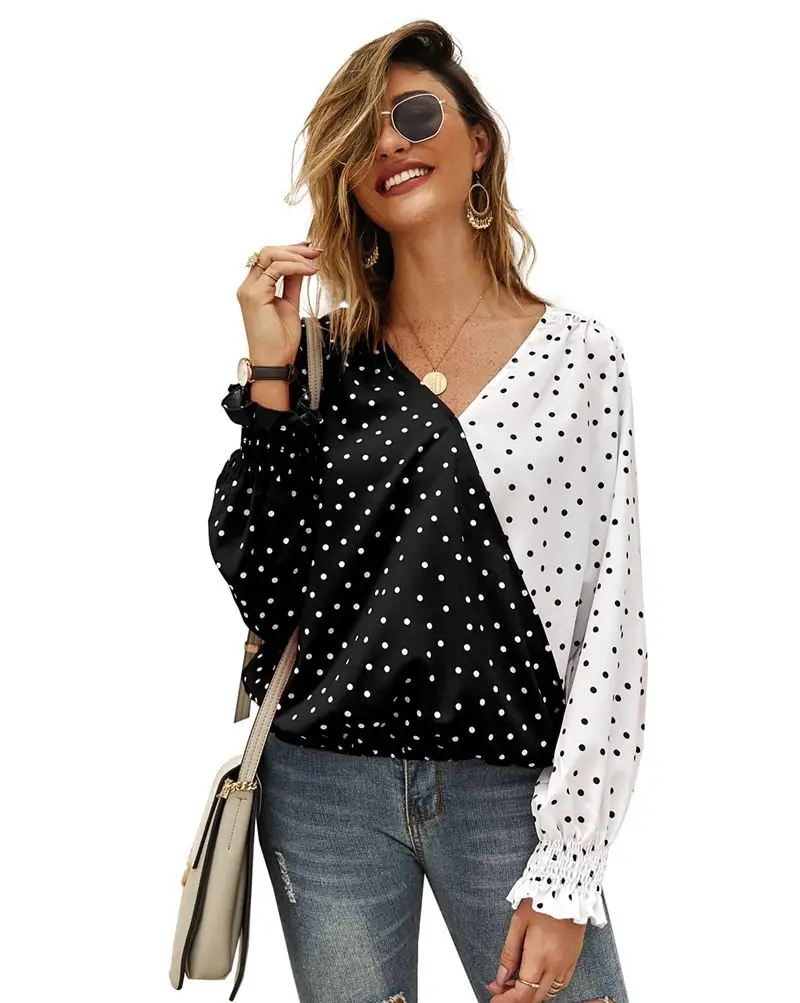 Женская сексуальная однотонная Лоскутная футболка в горошек с v-образным вырезом