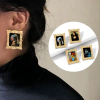 yangliujia exaggerated earrings pictures landscape painting mona lisa creative europe and america pop album stud earrings