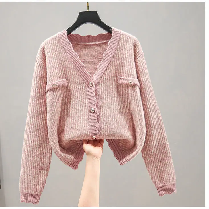 

Женский однотонный кардиган на пуговицах, Свободный вязаный свитер с длинным рукавом и V-образным вырезом в корейском ретро-стиле, Q733, осень ...