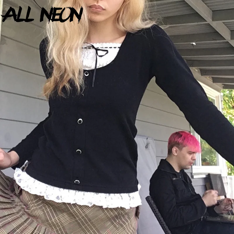 

ALLNeon Kawaii Streetwear Y2K Patchwork Lace Trim Long Sleeve T-shirts Preppy 90s Fashion Buttons Bow Ribbed Black Tops Cute