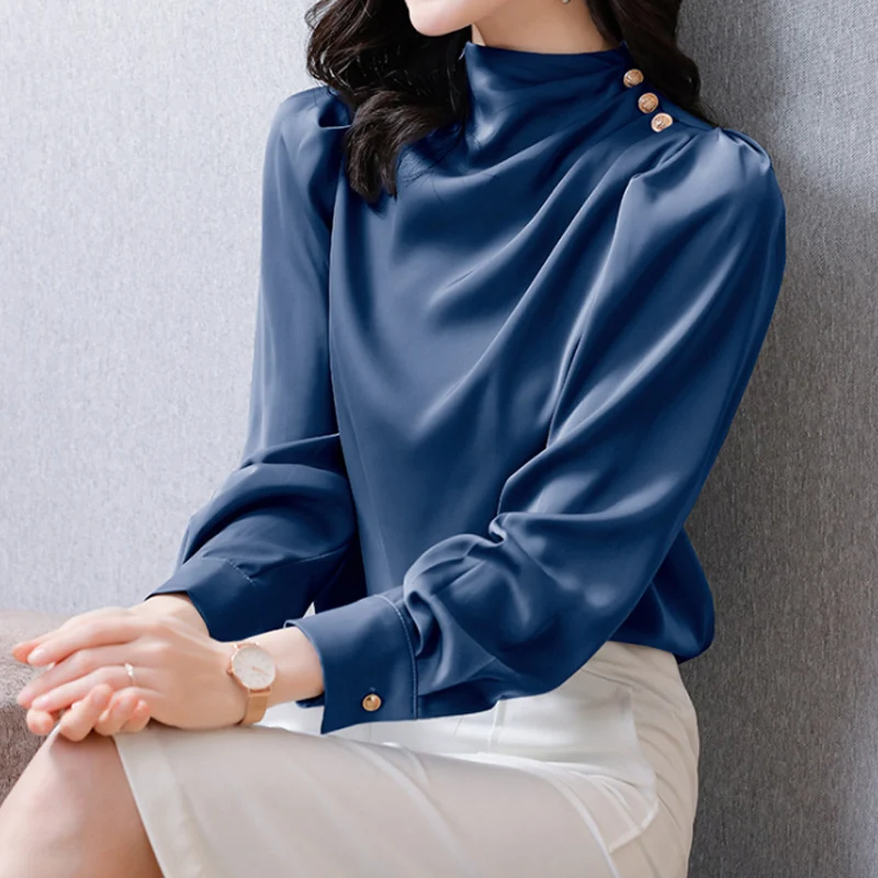 

Office Lady Elegant Button Draped Half Turtleneck Shirts Summer Spring Women Fashion Chiffon Long Sleeve Top Casual Loose Blusa
