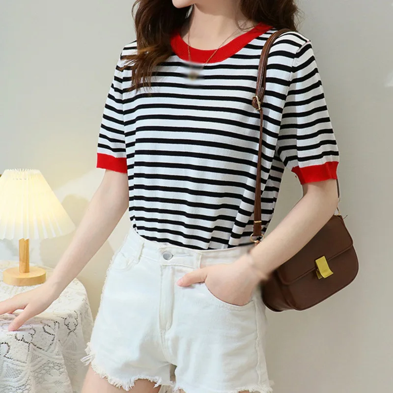 

Женские винтажные топы с круглым вырезом, хлопковые футболки в контрастную полоску с коротким рукавом, удобная шикарная одежда, лето