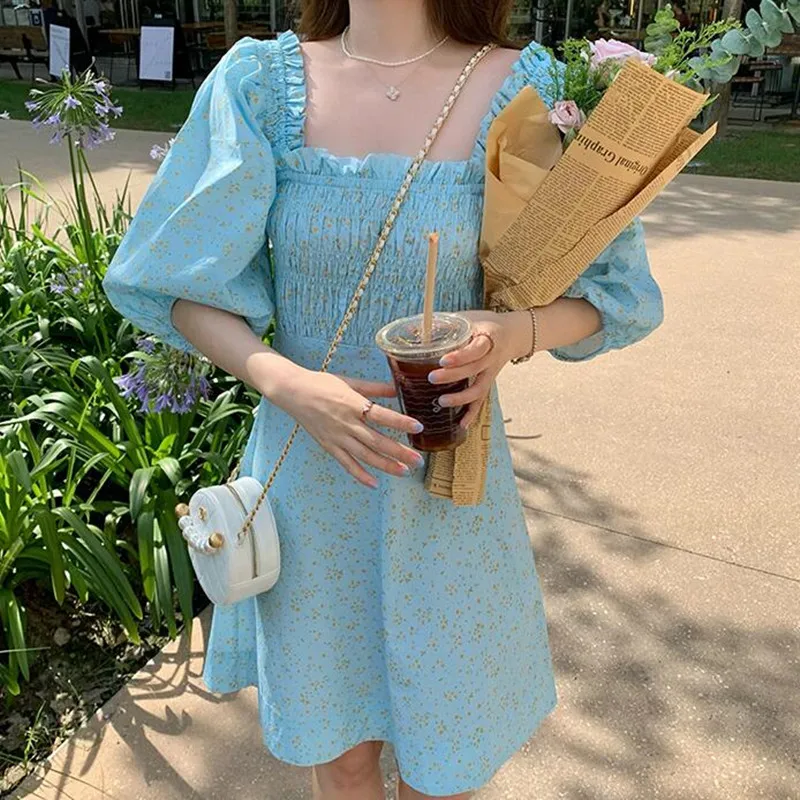 

Blue Robe Women Pleated Square Collar Floral Print Puff Sleeve High Waist Female Mini Dresses New 2021