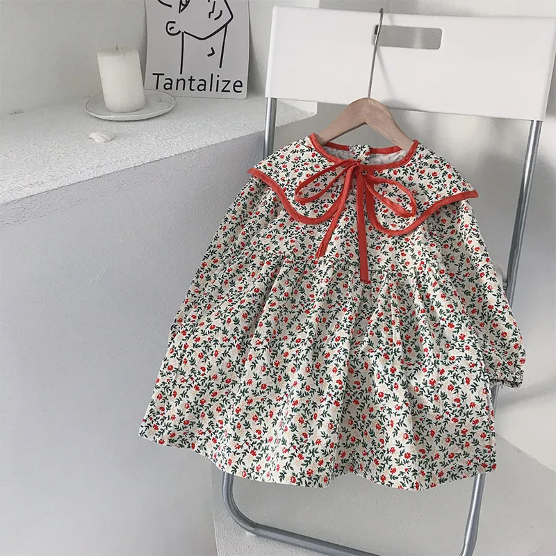 

2021 New Fashion Princess Dresses for Baby Girl Autumn New Korean Style Floral Print Bow Dress Toddler Girls Children Costumes