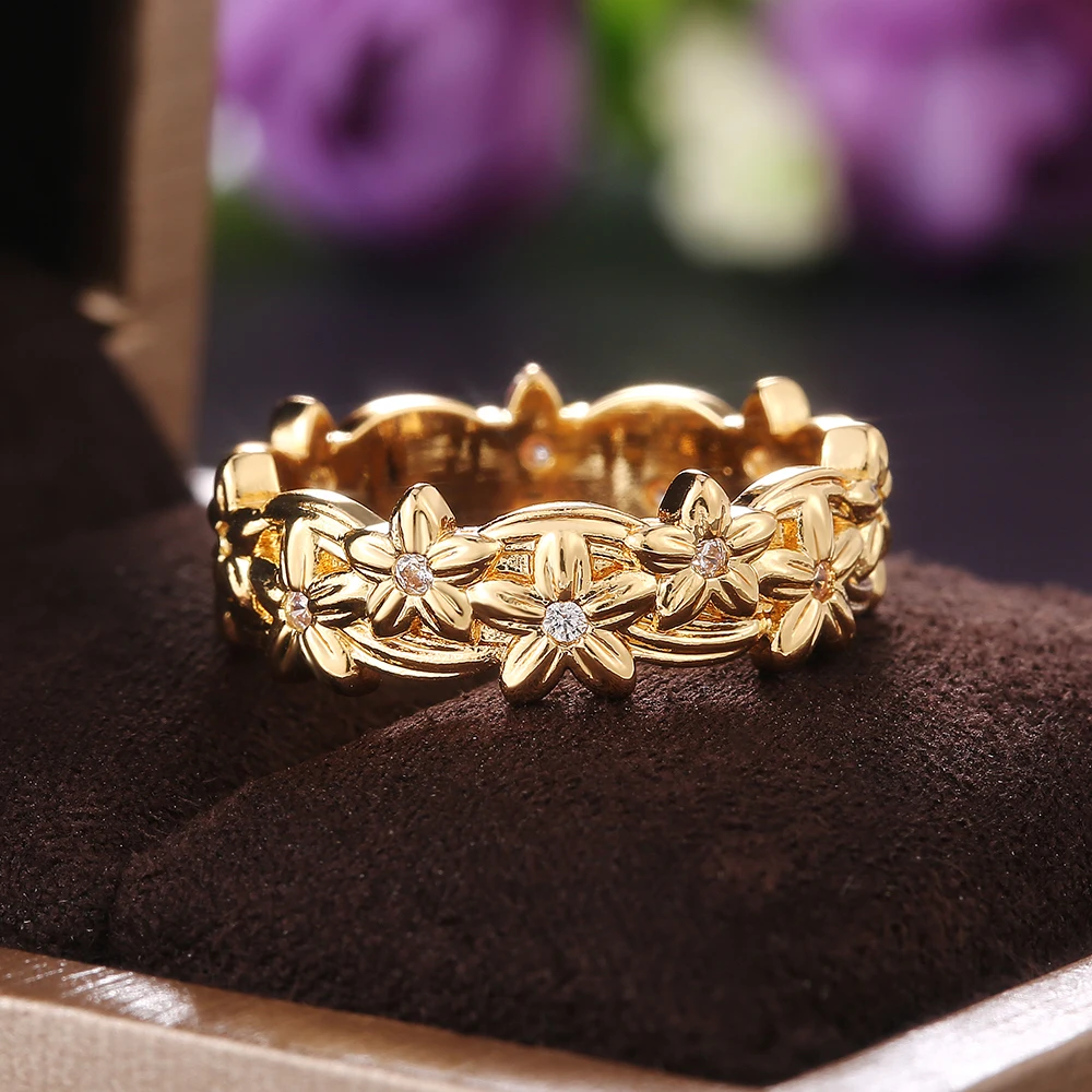 

Women Exquisite Floral Plant Ring Fancy Embossed Golden Flowers Luxury Wedding Party Lady Finger Rings Fashion Jewelry