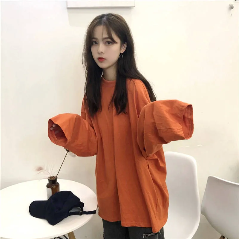 

Корейский Ulzzang свободная футболка с буквенным принтом оверсайз Женская Повседневная футболка с длинным рукавом женские пуловеры хип-хоп фу...