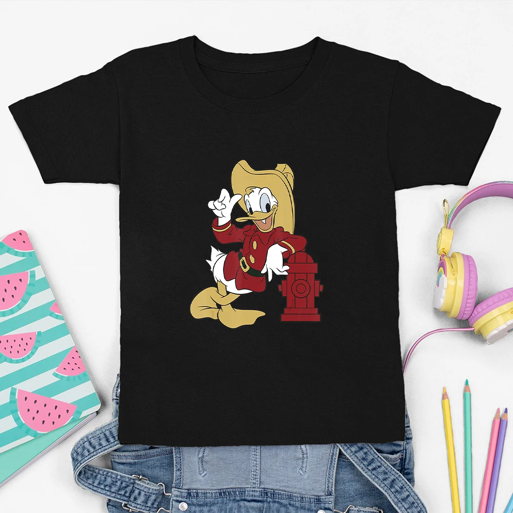Camiseta Kawaii de Disney para ni&ntilde;os de las cuatro estaciones, Camiseta con estampado de dibujos animados de Pato Donald, c&oacute;moda, de manga corta con cuello redondo, novedad de verano-3