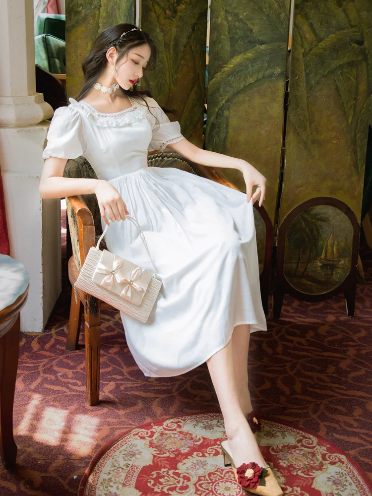 

Summer White Princess Dress Vintage Square Collar With Lace Puff Sleeve Fairy Dresses Dancing Dinner Party Vestido Robe Blanche
