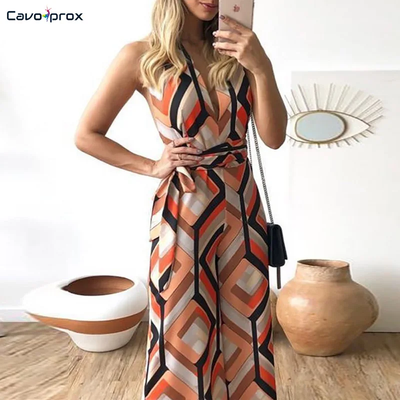 Женский красочный комбинезон с геометрическим принтом разрезом широкими