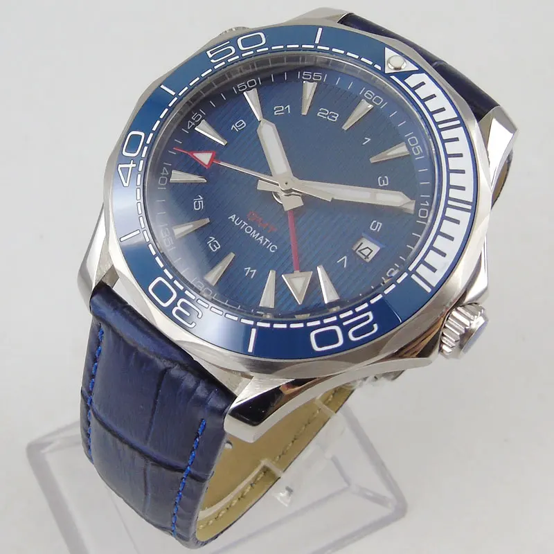 

41mm Blue Dial Self Winding Men's Watch Automatic Ceramic Bezel GMT Movement Sapphire Glass Leather Strap Date Window