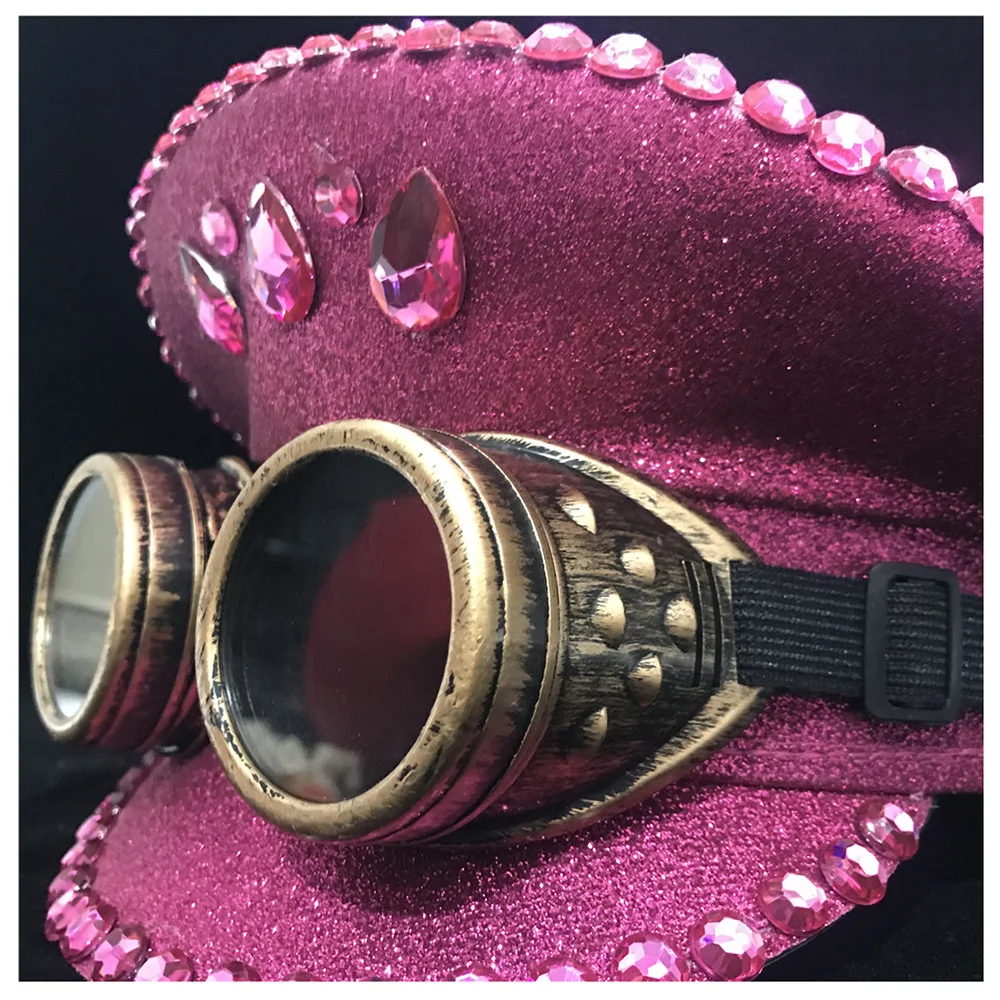 Women Steampunk Pink Police Hat With Gear Glasses Performance Military Guard Adult Fascinator 3 Size |