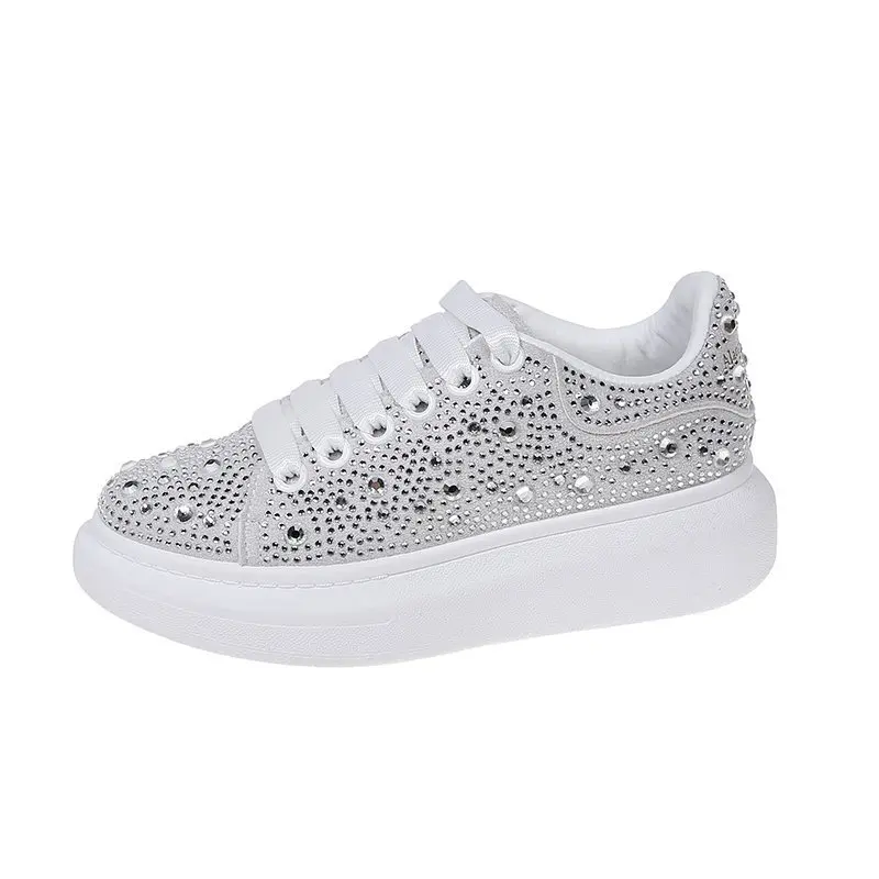 

Large Size 42 High-end White Shoes; Rhinestone Women's Shoes for Fall 2021 New Thick-soled Vulcanized Shoes Casual Flat Shoes