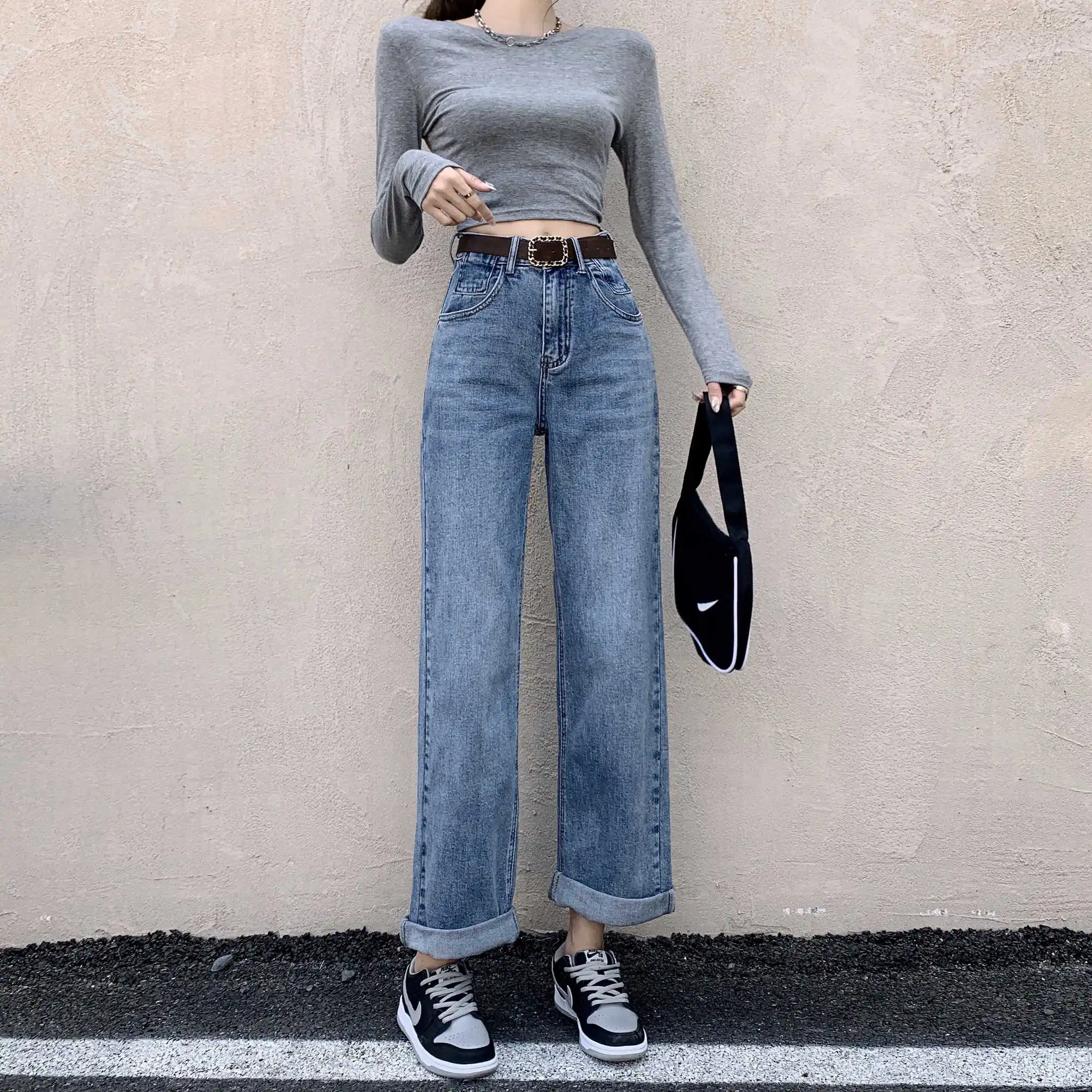 

High Waist Jeans for Women 2021 Spring and Summer New Loose-Fitting Slimming Pants Draped Mop Trousers Wide-Leg Straight Pants