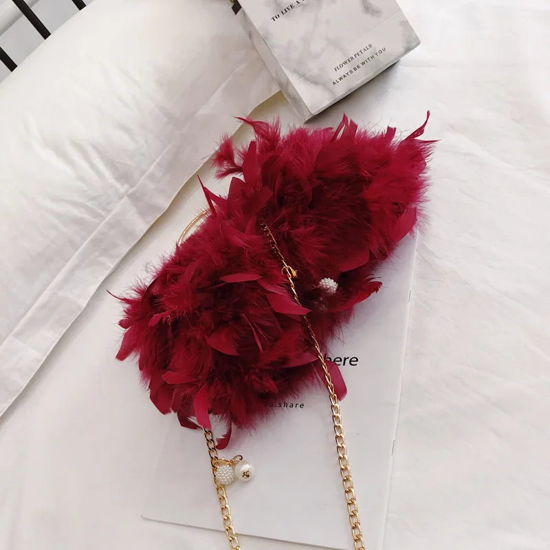 

2021 Winter Real Ostrich Feather Tote Bag Women Evening Party Handbags Ladies Pearl Clutch Purse Chain Shoulder Crossbody Bags
