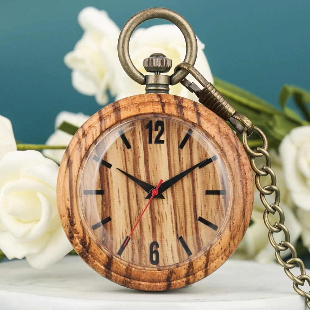 

Natural Walnut Wooden Pocket Watch Arabic Numerals Quartz Pocket Watches Vintage silver Rough Hanging Chain Pendant Clock