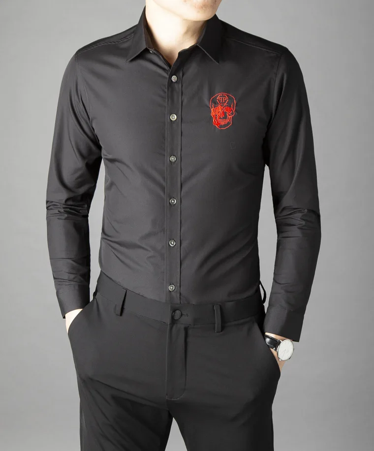 Европейская модная мужская рубашка бренд череп вышивка Chemise homme повседневные мужские рубашки однотонные тонкие рубашки мужские S-3XL