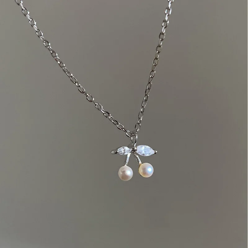 

925 Sterling Silver Zircon Pearl Cherry Charm Pendent Necklace For Women Jewelry Choker Collar dz870