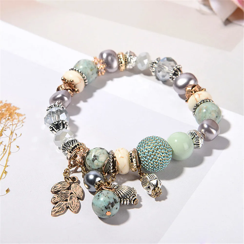 

Hot Sale 1Pcs New Bohemian Lady Leaves Crystal Natural Stone Mixed Color Bracelet Fashion Bracelet Drop Shipping
