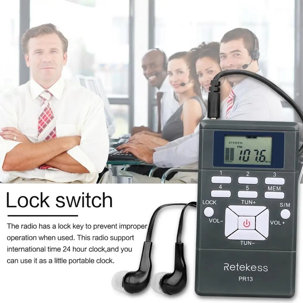 Retekess PR13 Portable Stereo FM Radio Pocket Digital Clock Receiver for Large Meeting Church Simultaneous Interpretation | Электроника