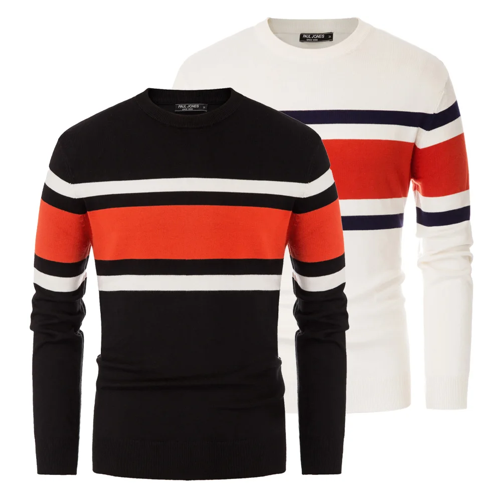 

Men Sweaters Autumn Winter Tops Clothes Contrast Stripes Sweater Long Sleeve Crew Neck Pullover Knitwear Warm Casual Fashion New