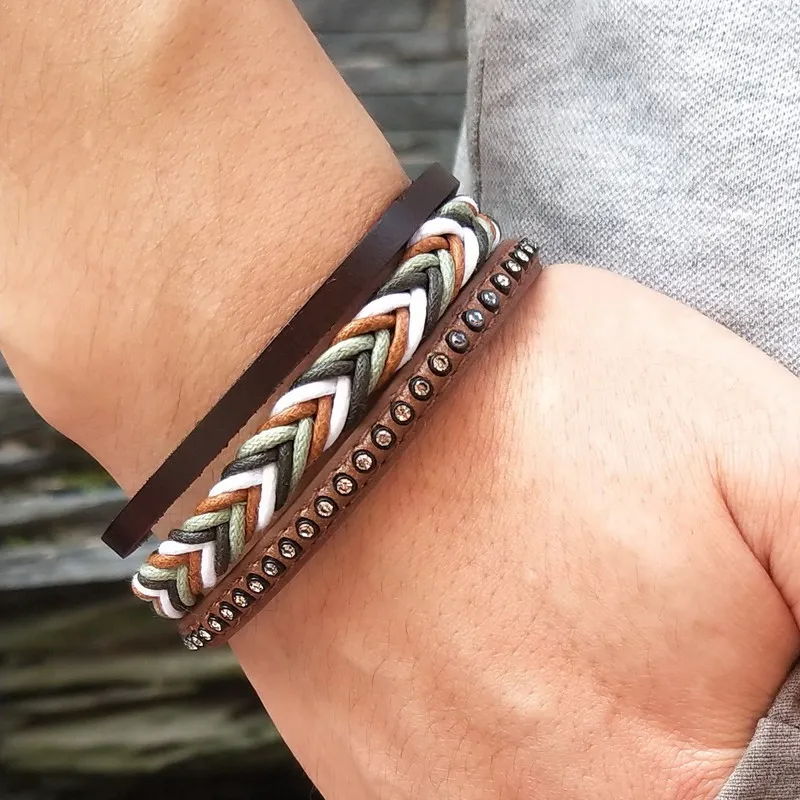 Женские плетеные браслеты ручной работы с заклепками, винтажный многослойный коричневый браслет на руку, амулетный браслет