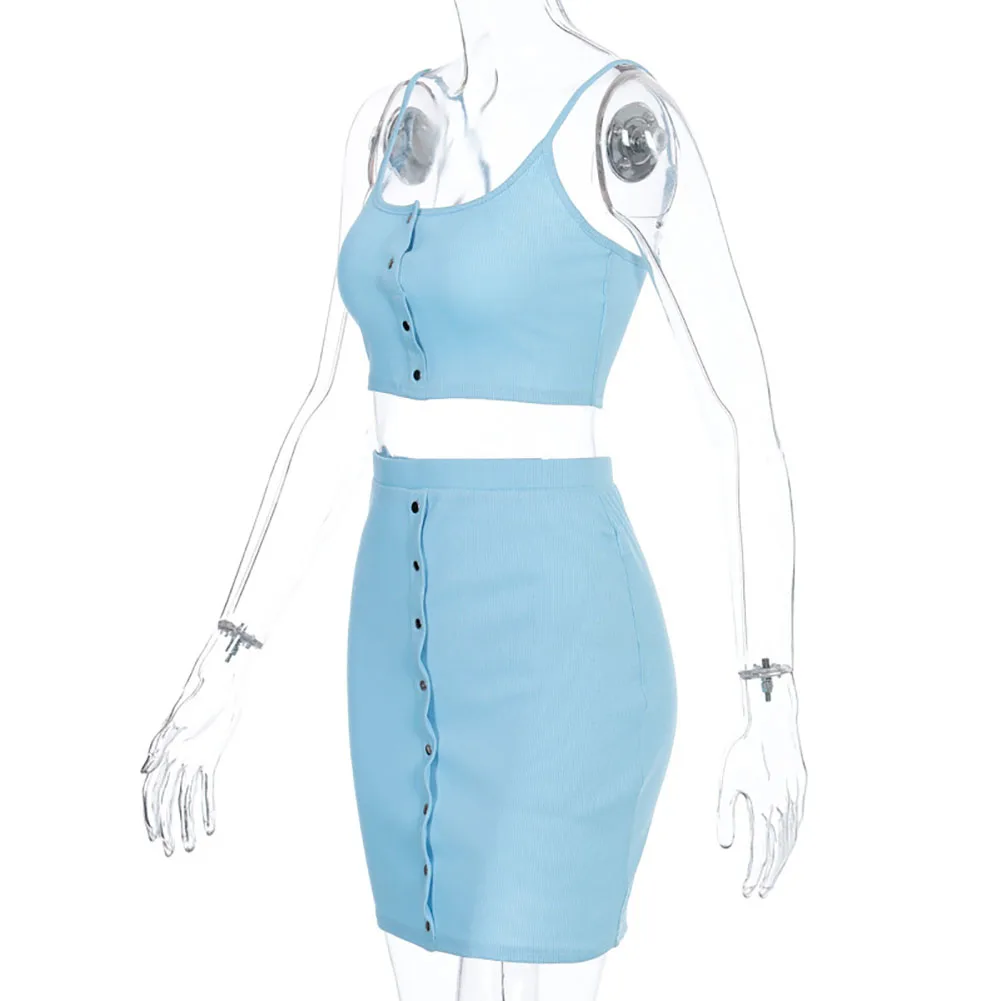 

Women's Summer 2pcs Outfits Sexy Spaghetti Strap Crop Tank Top Bodycon Mini Button Skirt Clothing Set