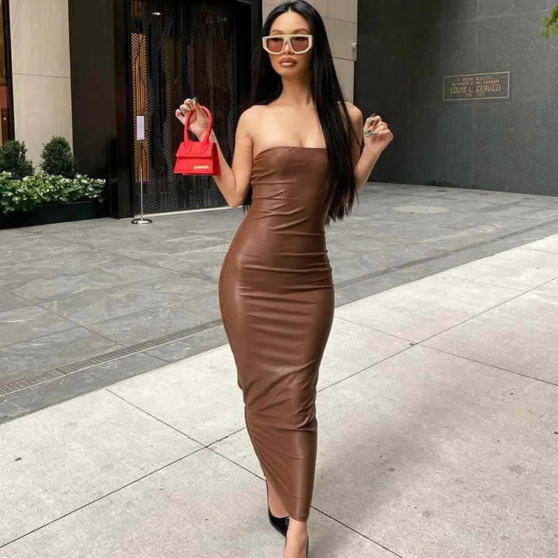

Zoctuo Pu Faux Leather Women Solid Tube Midi Dress Back Slit Bodycon Sexy Streetwear Party Club Elegant 2021 Autumn Winter